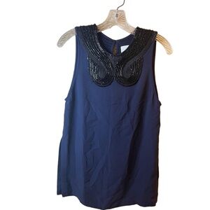 3.1 Phillip Lim Silk Navy Blue Beaded Collar Keyhole Back Sleeveless Blouse S